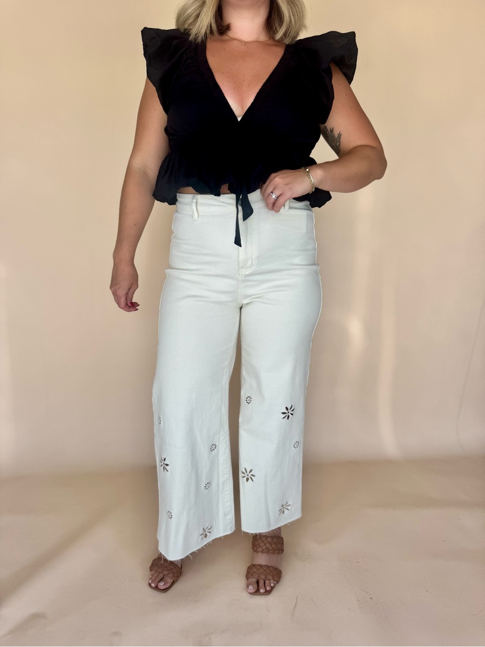 Cropped White Wide-Leg Jeans with Cutout Floral Details